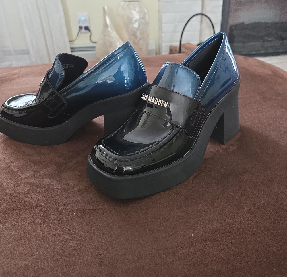 Steve Madden Two-Tone Patent Platform Loafers - Black & Blue